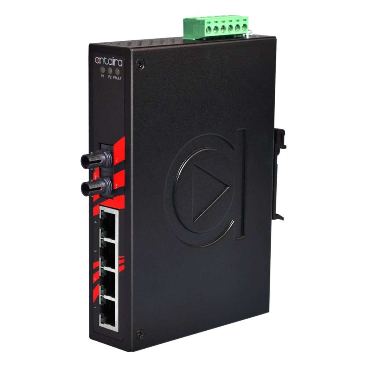 Antaira LNX-0501-ST-S3 industrial Ethernet switch, three-quarter view with ST fiber port, four RJ45 ports and DIN-rail clip