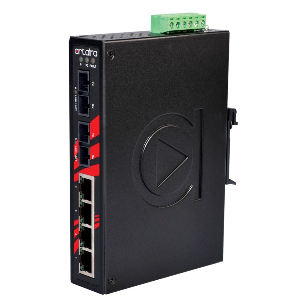 Antaira LNX-0602-M industrial network switch, three-quarter view with SC fiber ports, four RJ45 ports and terminal block