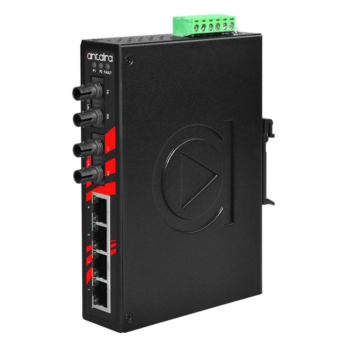 Antaira LNX-0602-ST-S3 industrial network switch, three-quarter view with ST fiber ports, RJ45 ports, LEDs and DIN-rail clip