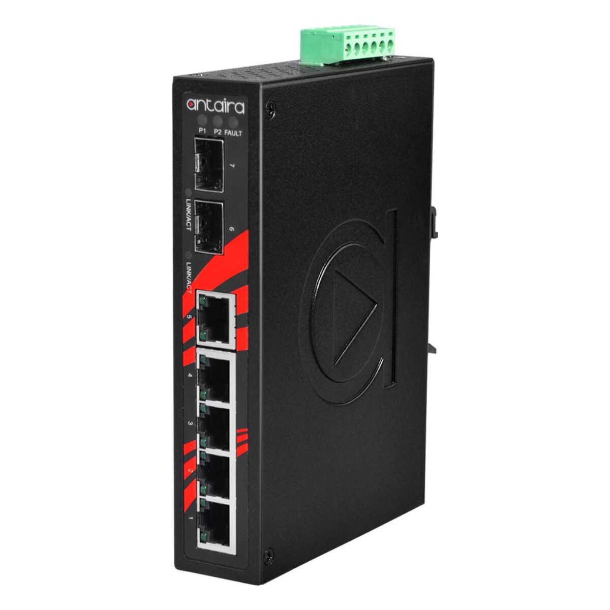 Antaira LNX-0702G-SFP-T industrial network switch, three-quarter view with two SFP slots, five RJ45 ports and DIN-rail clip