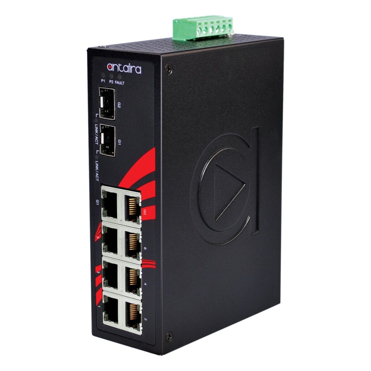 Antaira LNX-0802C-SFP industrial Ethernet switch, three-quarter view with two SFP slots, eight RJ45 ports and LEDs