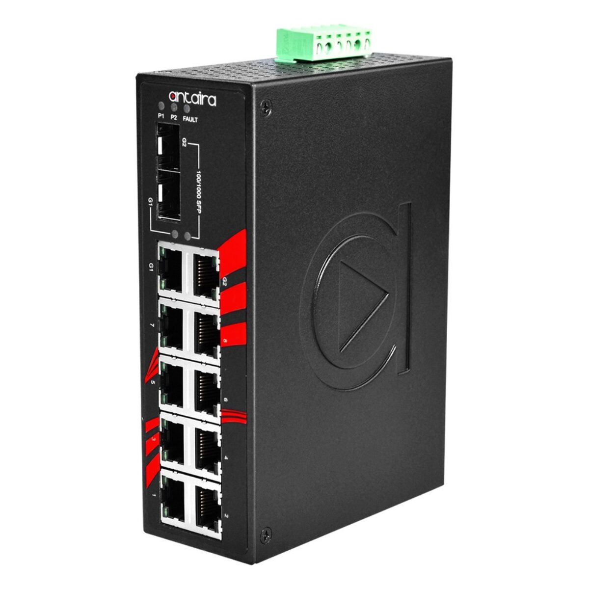 Antaira LNX-1002C-SFP DIN-rail Ethernet switch, three-quarter view with two SFP ports, ten RJ45 ports and terminal block
