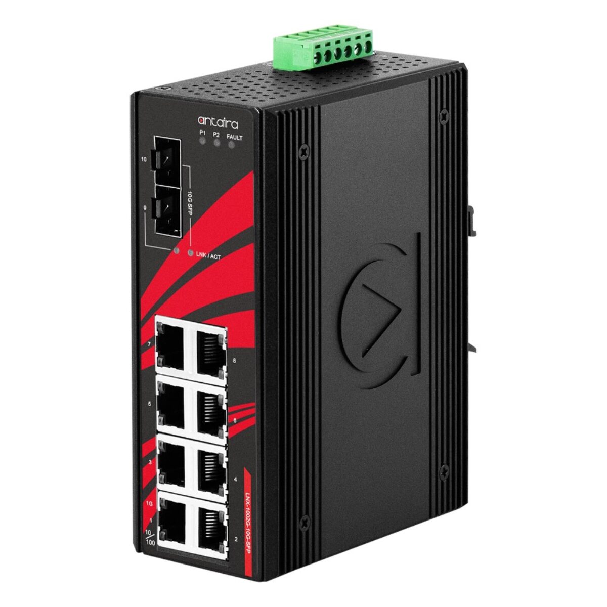 Antaira LNX-1002G-10G-SFP industrial Ethernet switch, three-quarter view with two SFP+ slots, eight RJ45 ports and LEDs