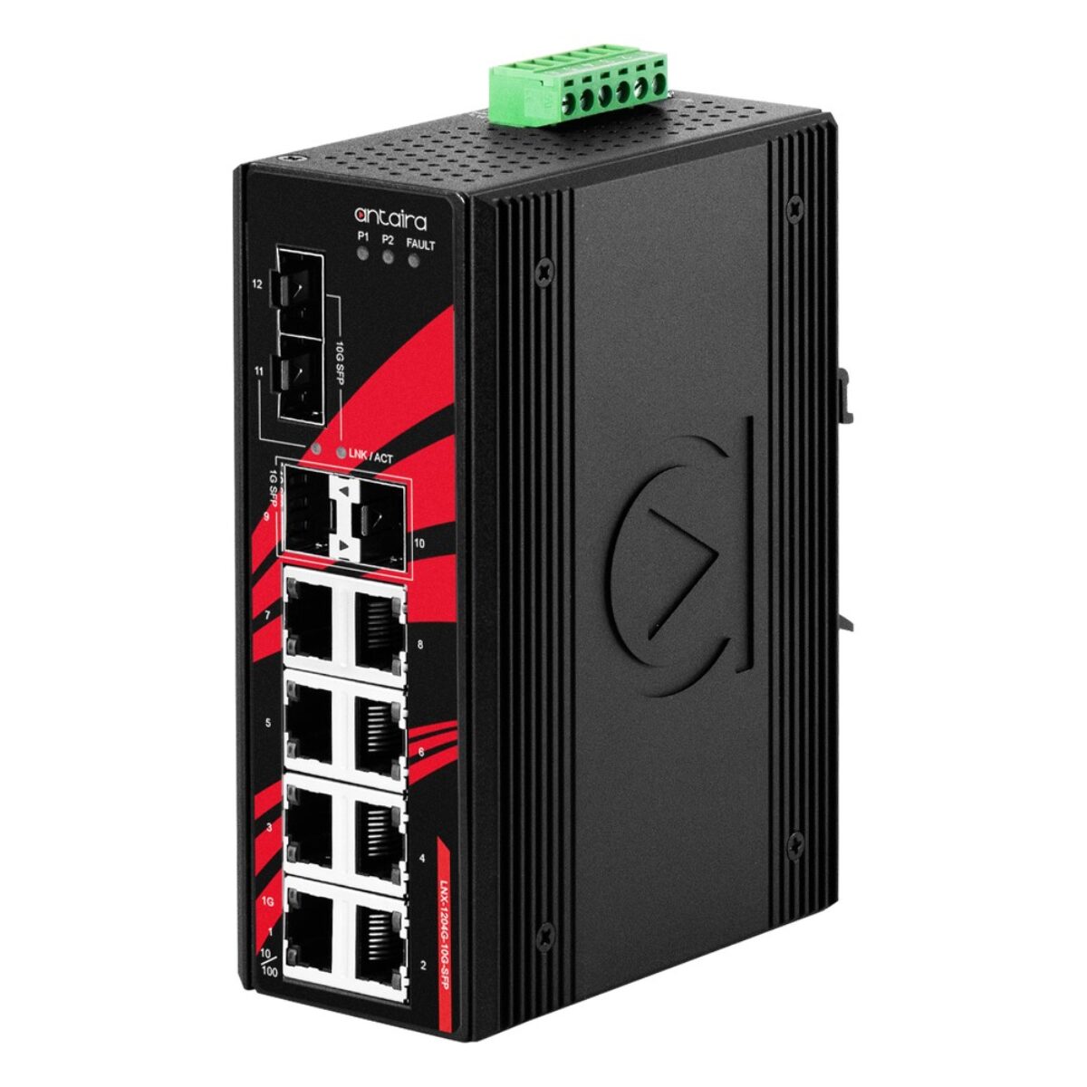 Antaira LNX-1204G-10G-SFP DIN-rail Ethernet switch, three-quarter view with SFP+ and SFP ports and eight RJ45 ports