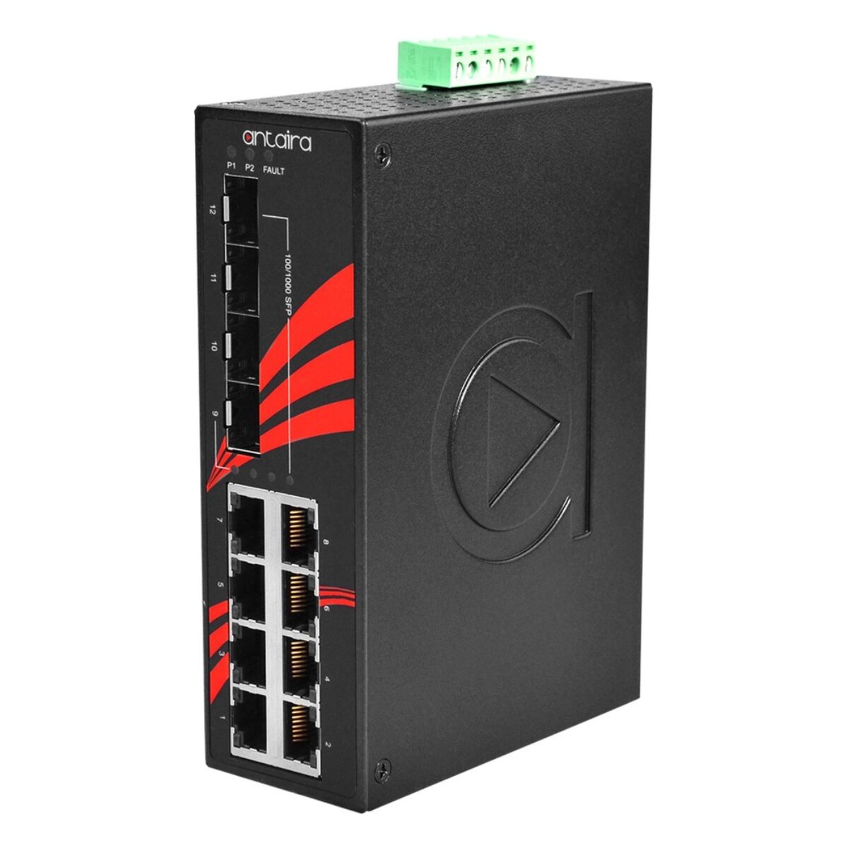 Antaira LNX-1204G-SFP industrial network switch, three-quarter view with four SFP slots, eight RJ45 ports and LEDs