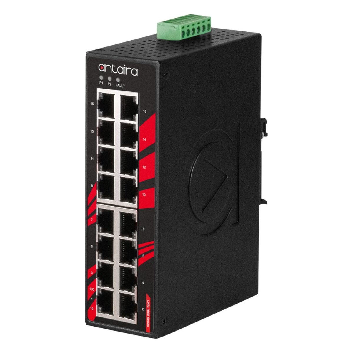 Antaira LNX-1600-T industrial Ethernet switch, three-quarter view with 16 RJ45 ports and LEDs