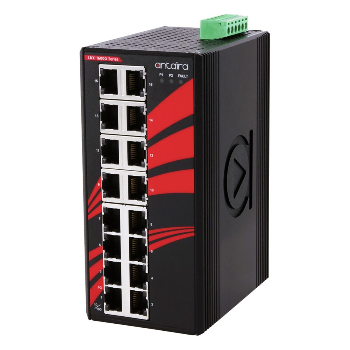 Antaira LNX-1600G DIN-rail Ethernet switch, three-quarter view with 16 RJ45 ports, LEDs and terminal block power