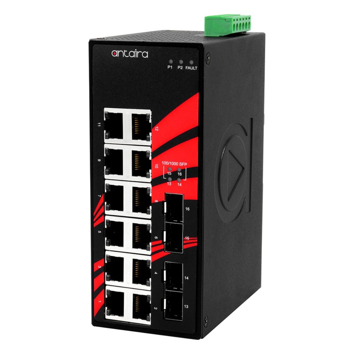 Antaira LNX-1604G-SFP DIN-rail switch, three-quarter view with 12 RJ45 ports, four SFP slots and LEDs