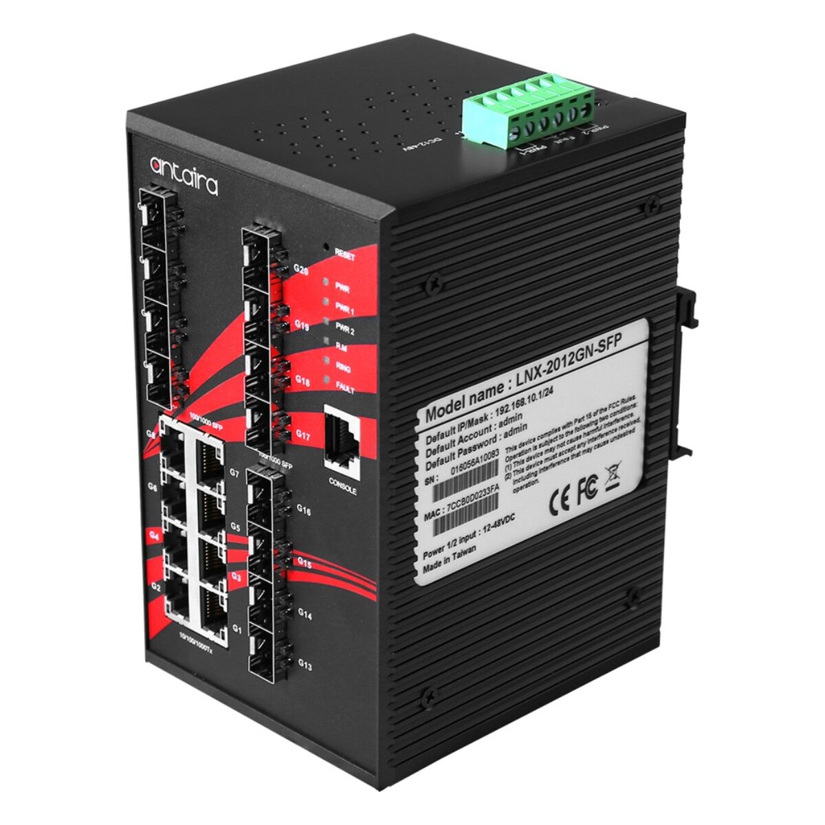 Antaira LNX-2012GN-SFP managed industrial Ethernet switch, three-quarter view with SFP ports, RJ45 ports and side label