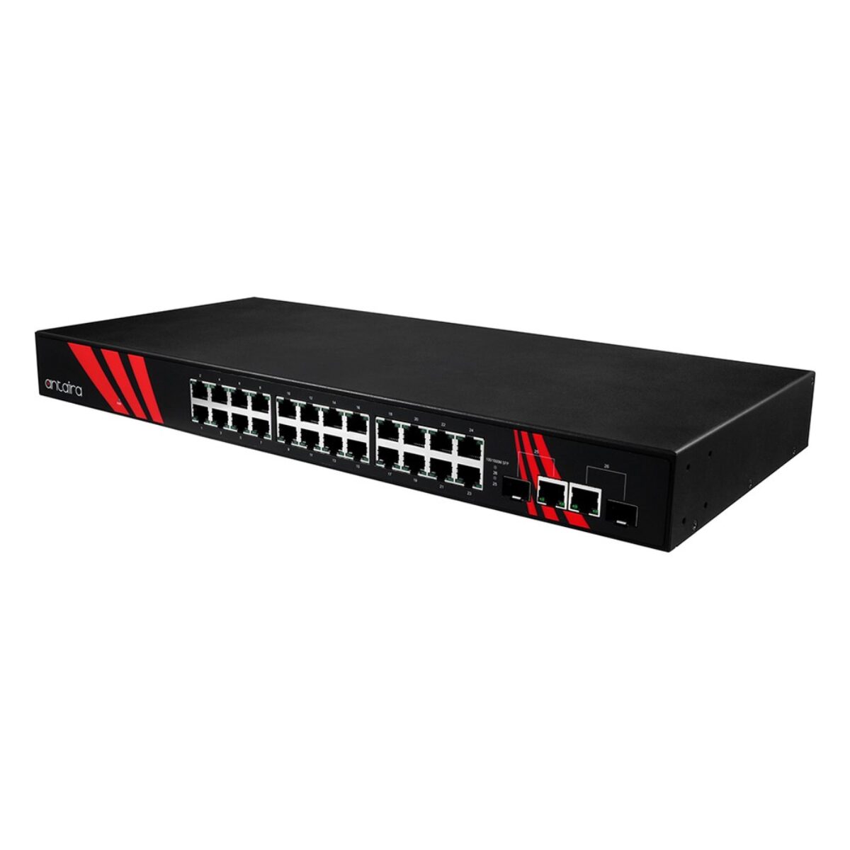 Antaira LNX-2602G-SFP rackmount industrial switch, right three-quarter view with RJ45 ports, uplink RJ45 ports and SFP slots