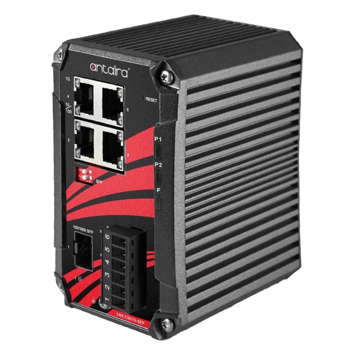 Antaira LNX-C501G-SFP DIN-rail switch, three-quarter view with four RJ45 ports, DIP switches, SFP slot and terminal block