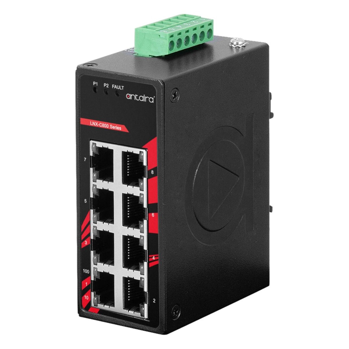 Antaira LNX-C800 unmanaged industrial Ethernet switch, left three-quarter view with eight RJ45 ports and LEDs