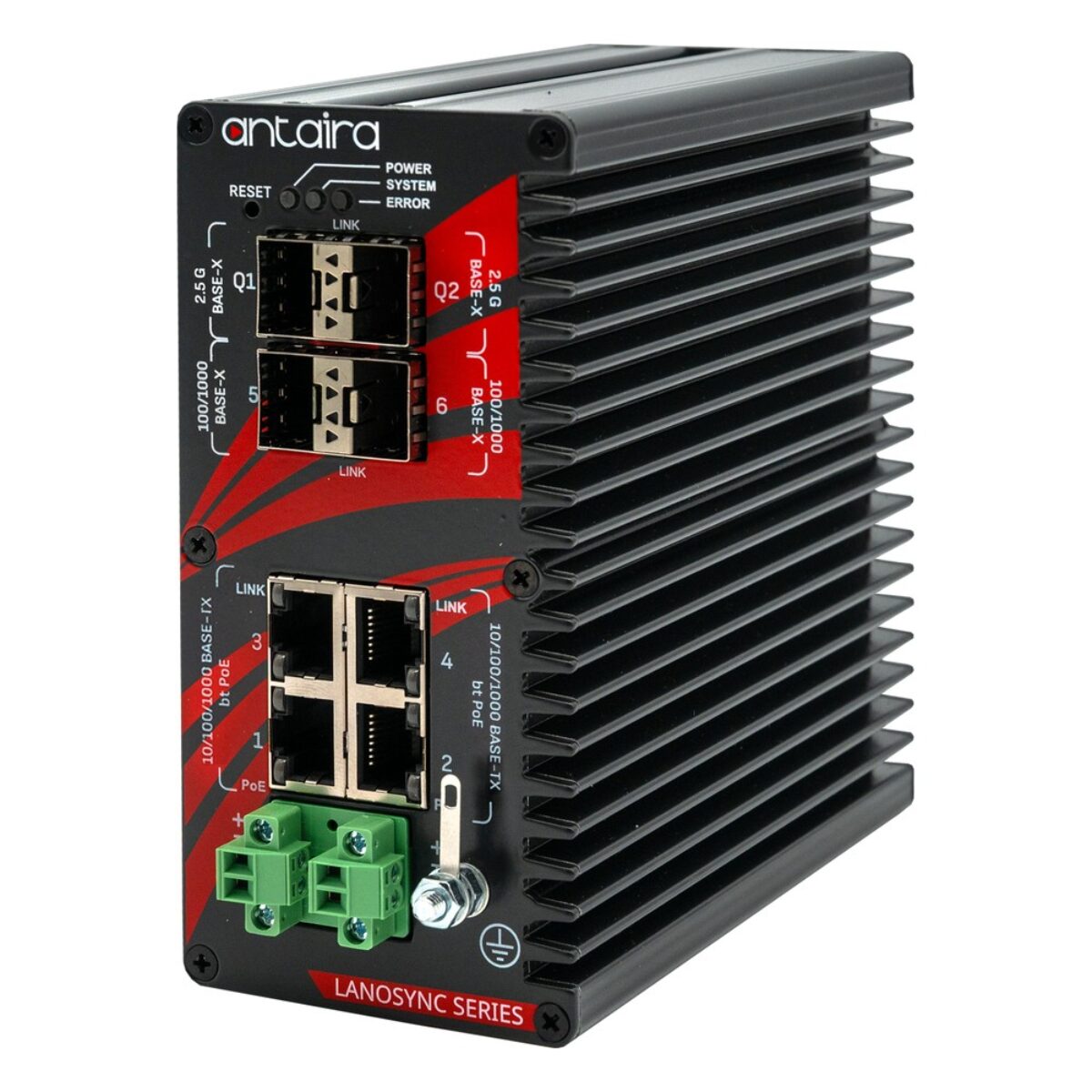 Antaira QMP-0804G-2Q2S-bt-T PoE++ switch, three-quarter view with SFP ports, RJ45 ports and cooling fins