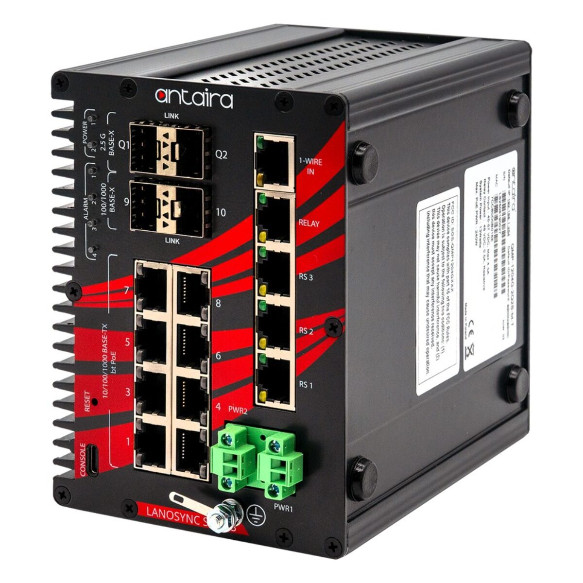 Antaira QMP-1204G-2Q2S-bt-T PoE++ switch, three-quarter view with SFP slots, RJ45 ports, terminal block and side label