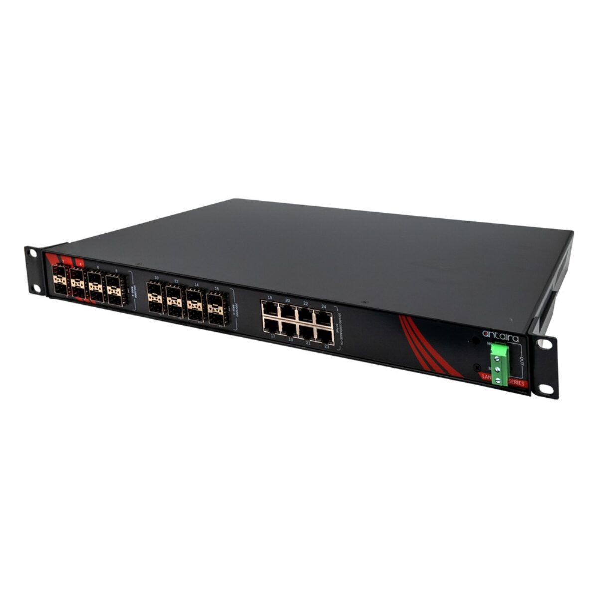 Antaira QMP-2820G-4X16S-bt-T rackmount industrial switch, three-quarter view with SFP slots, RJ45 PoE ports and rack ears