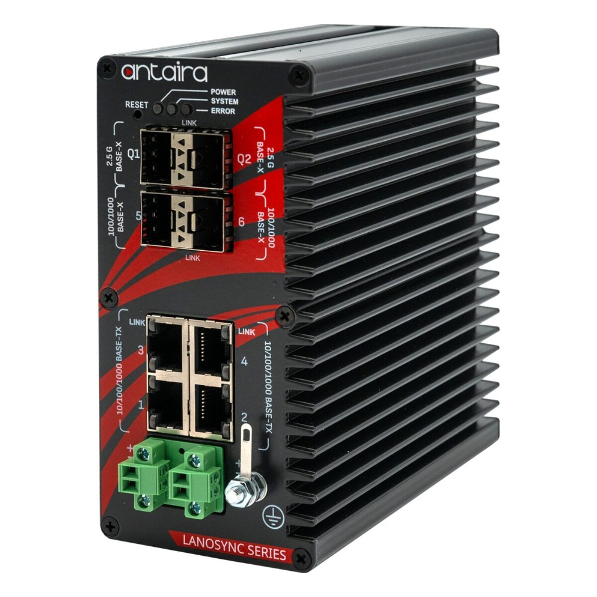 Antaira QMX-0804G-2Q2S-T managed industrial switch, three-quarter view with SFP slots, RJ45 ports and terminal block power