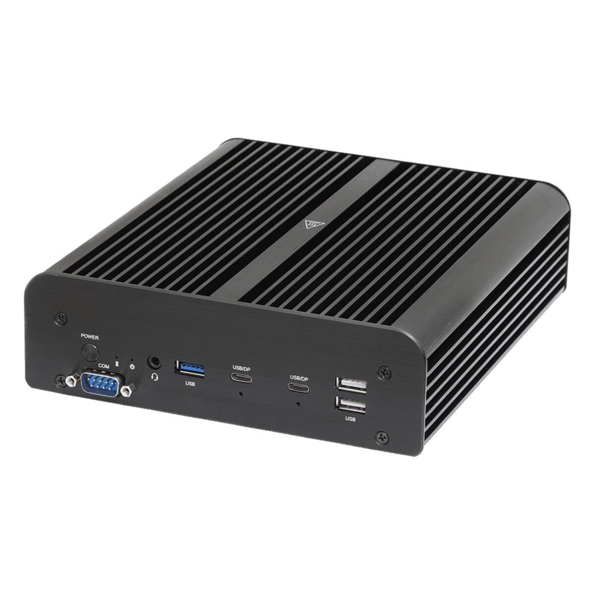ASRock Industrial iBOX Ultra 300 fanless NUC, angled view of the finned black chassis with COM, USB and USB-C ports on the front