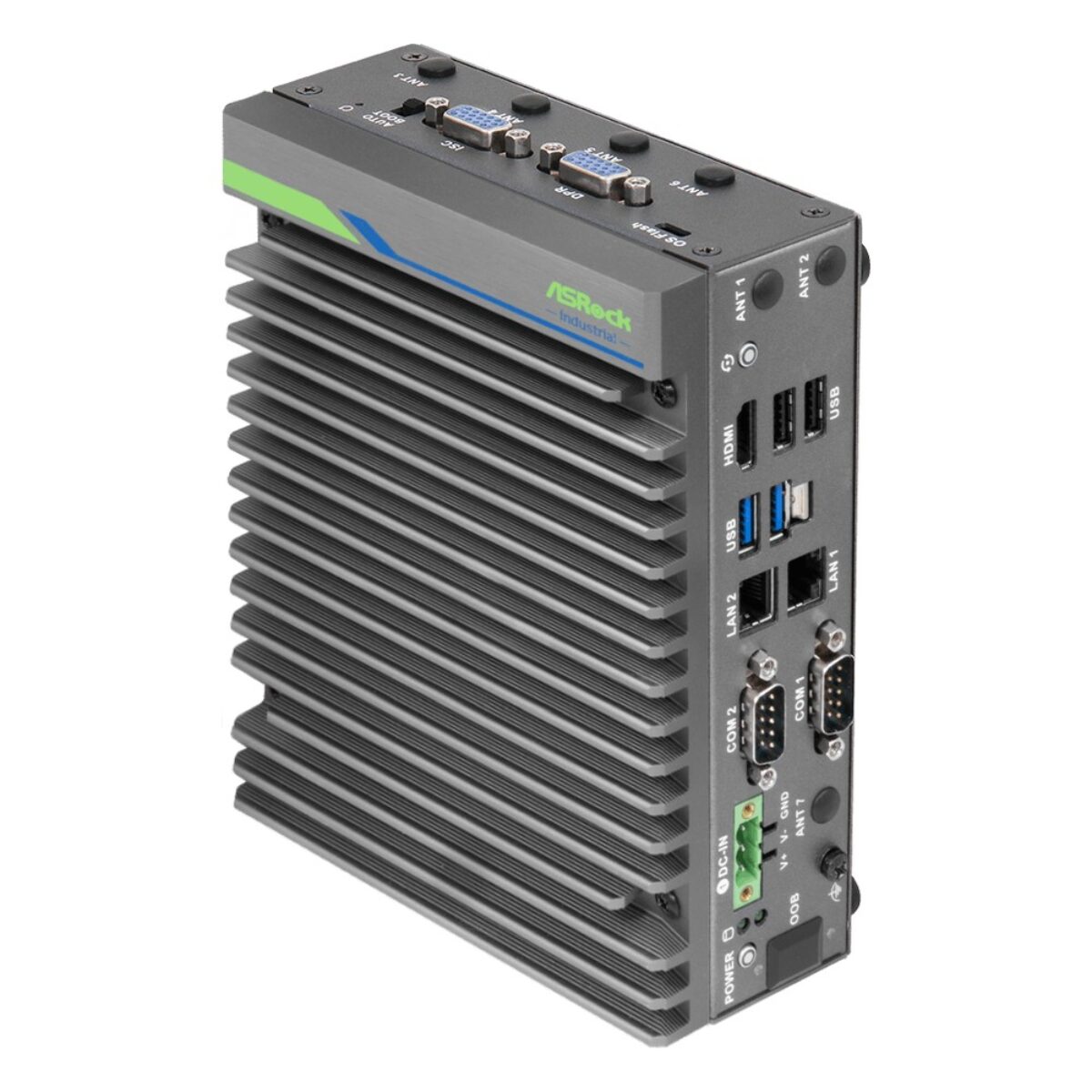 ASRock Industrial iEP-6021E-000 Jetson Orin NX 8GB DIN-rail edge AI computer, Basic build, angled view of the finned fanless chassis