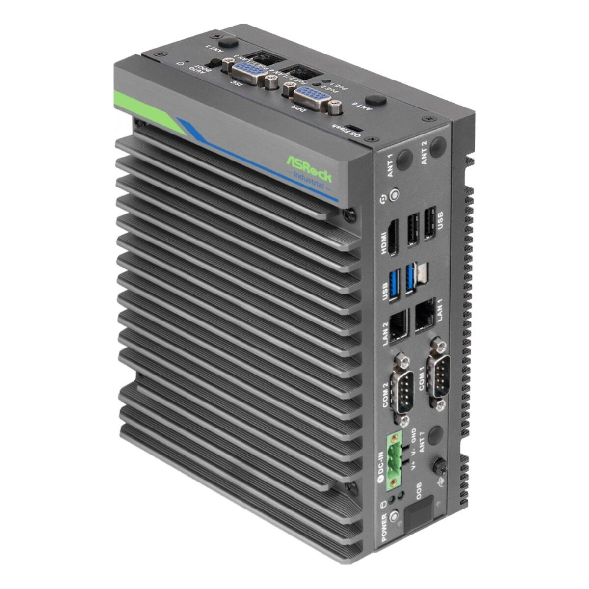 ASRock Industrial iEP-6022E Jetson Orin Nano 8GB DIN-rail edge AI computer, PoE build, angled view