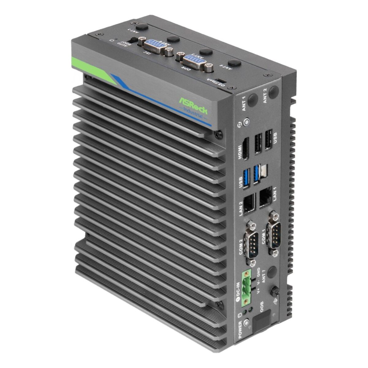 ASRock Industrial iEP-6022E Jetson Orin Nano 8GB DIN-rail edge AI computer, 5G build, angled view
