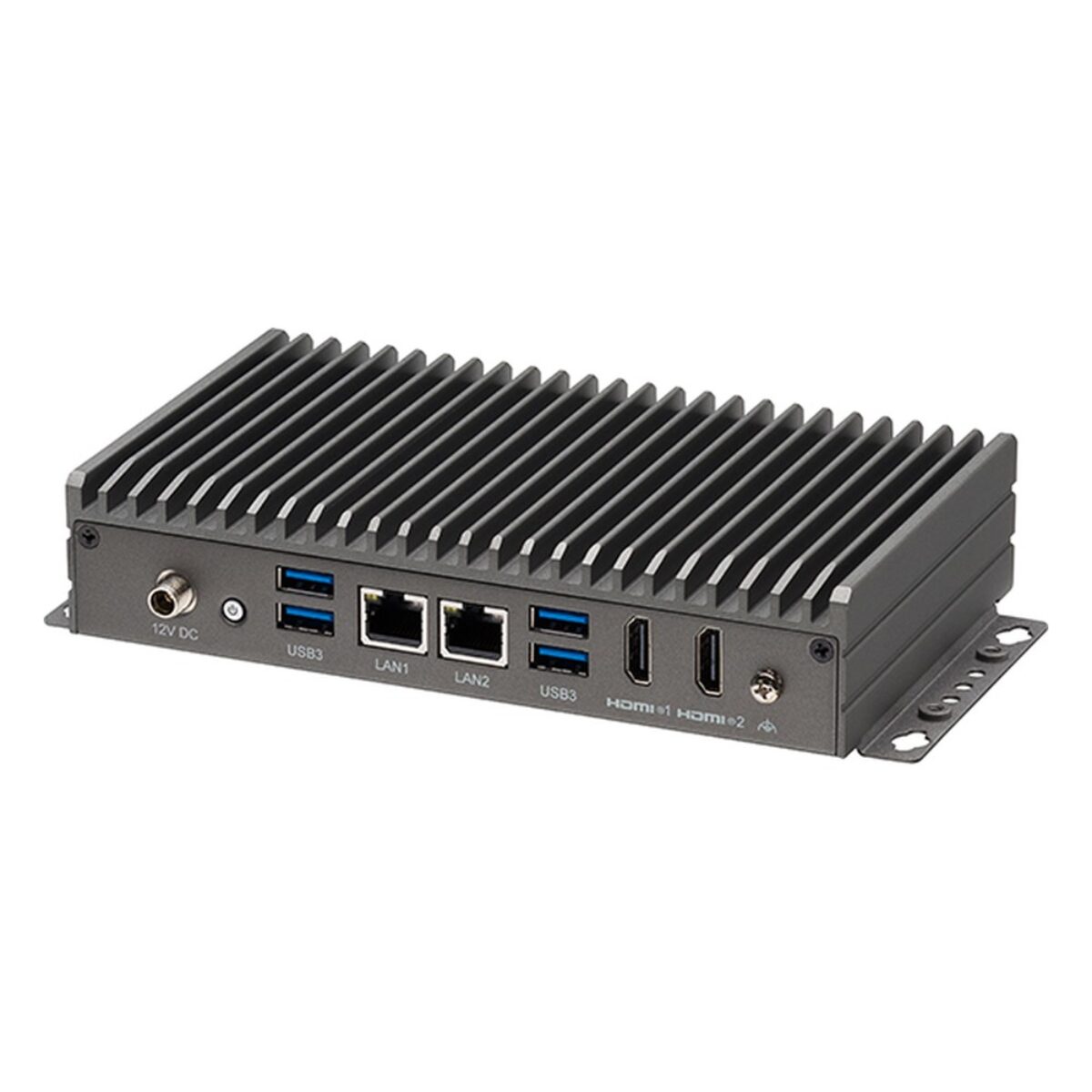 Nexcom Neu-X102-i3 fanless edge computer, angled view of the port side with 12 V DC jack, USB, dual LAN and dual HDMI