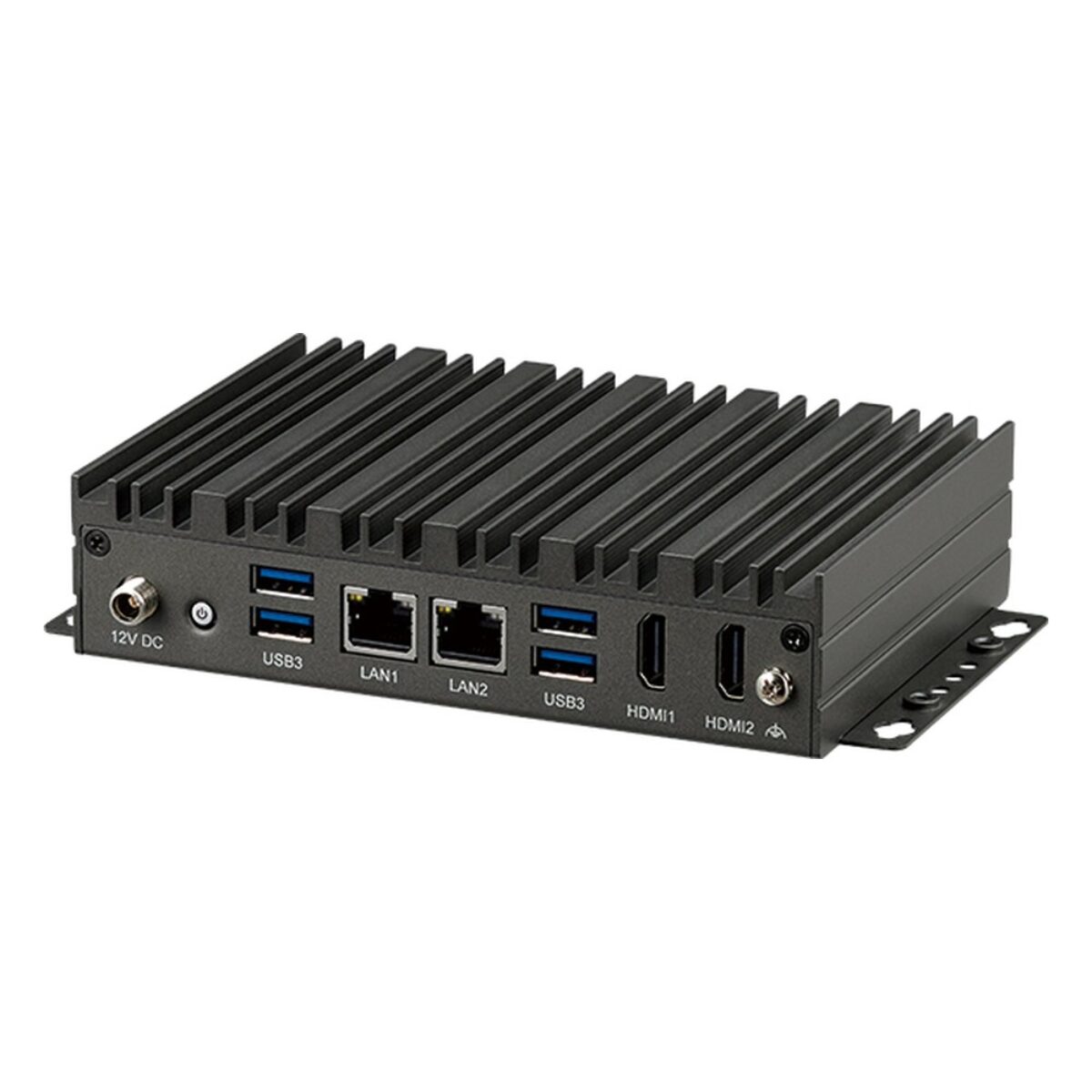 Nexcom Neu-X102-N50 fanless IoT gateway PC, angled view of the port side with 12 V DC jack, USB, dual LAN and dual HDMI
