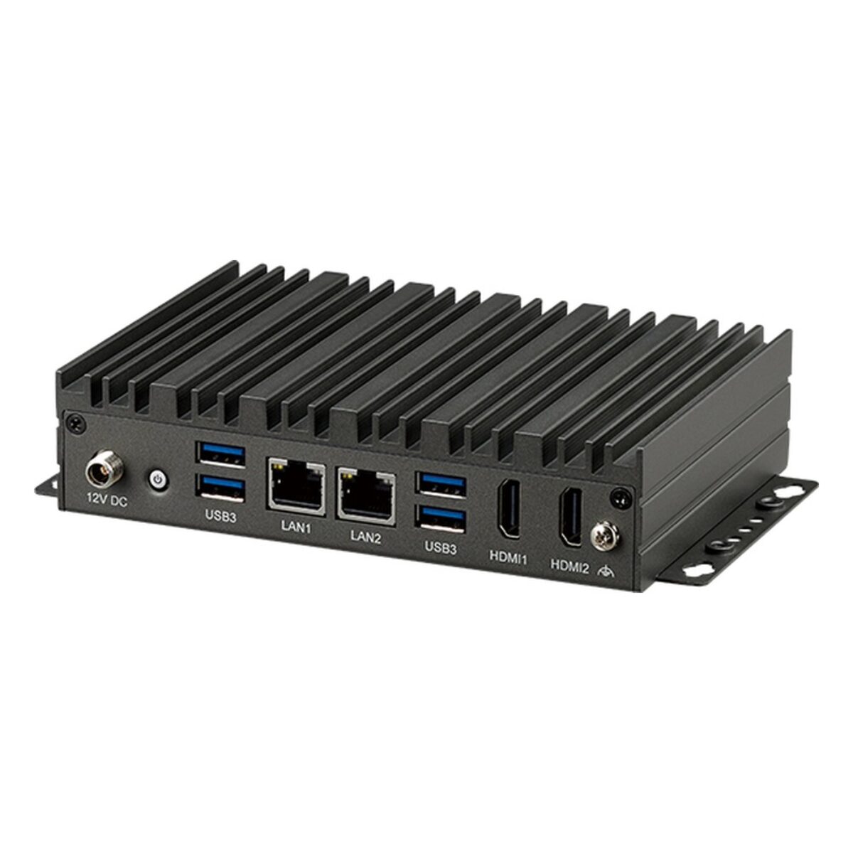 Nexcom Neu-X1025-N50 fanless mini PC, angled view of the port side with 12 V DC jack, USB, dual LAN and dual HDMI